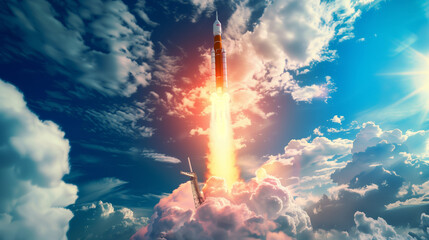 Fototapeta premium An impressively detailed image depicting a rocket soaring high into the sky amidst a backdrop of a bright blue sky and fluffy clouds