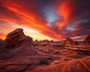 Desert landscape with surreal rock formations, vibrant sunset colors, expansive and tranquil