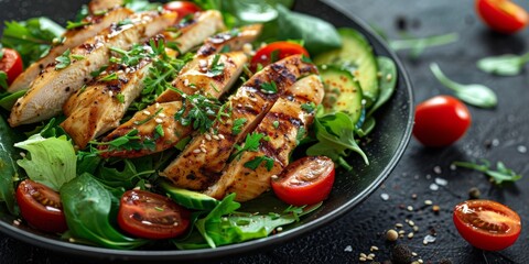 Plate of Grilled Chicken Salad With Tomatoes and Lettuce