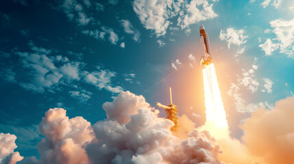 A stunning image capturing a rocket's ascent, with the sun illuminating its trail against the contrast of dark and light clouds