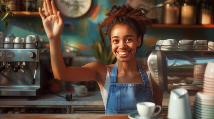 A Barista Waving in the Cafe