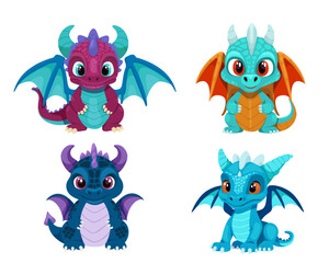 Cartoon dragon set. Fairy cute dragonfly icons collection. Baby fire dragon or dinosaur cute characters. Fairytale monsters.