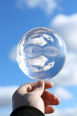 A hand holding a crystal ball with a reflection of the sky.