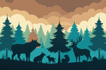 Horizontal seamless landscape with forest animals’ silhouettes. Coniferous woods with bear, wolf, fox, stag, deer, eagle, falcon, buffalo, pig. Green wildlife background for prints