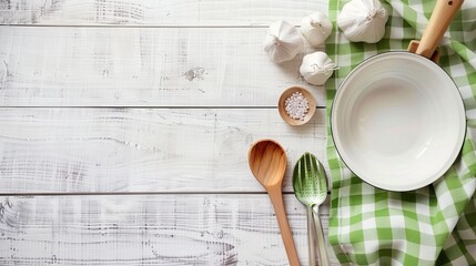 A white wooden table adorned with a green tablecloth and cooking utensils, viewed from the top,...