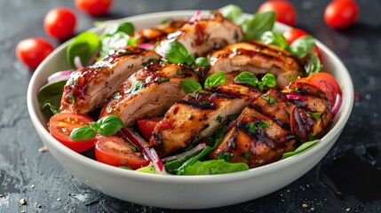 Fototapeta premium White Bowl Filled With Grilled Chicken Salad