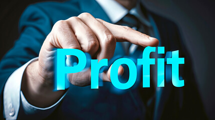 Businessman hand Pointing at Profit blue Text Overlay on virtual Interface
