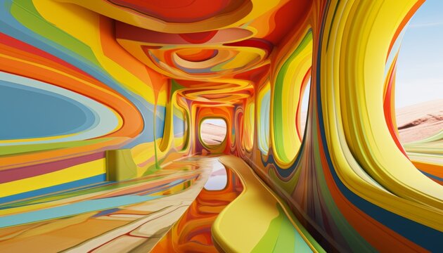 A long, colorful tunnel with a bright light at the end