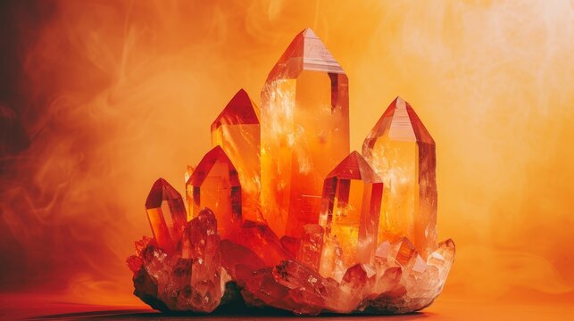  Group of crystals atop red-yellow backdrop, emitting smoke
