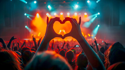 Concert Crowd Making Heart Shape with Hands Under Stage Lights