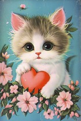 Cute Cat Holding a Pink Heart With Pink Flowers Around, Isolated On a Blue Background, Valentine's...