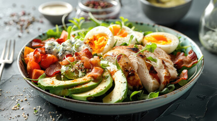 Cobb salad with mixed greens, grilled chicken, avocado, bacon, eggs, and blue cheese dressing.