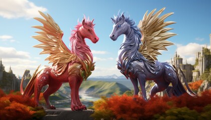 A pair of majestic winged horses, one pink and one blue, stand proudly on a hilltop overlooking a valley.