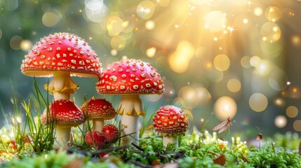   A red mushroom cluster sits atop a verdant green field, bordering a forest teeming with lush green grass