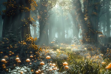 A serene, misty forest with towering trees and a carpet of luminescent fungi