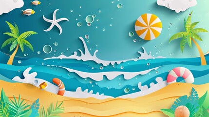 Abstract paper art portrayal of a summer sea scenery with splashing water and beach equipment, showcasing a coastal landscape in a craft-style vector illustration.