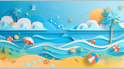 Abstract paper art portrayal of a summer sea scenery with splashing water and beach equipment, showcasing a coastal landscape in a craft-style vector illustration.