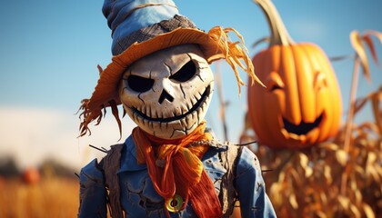 A scarecrow with a skull for a head and a pumpkin nearby. - obrazy, fototapety, plakaty