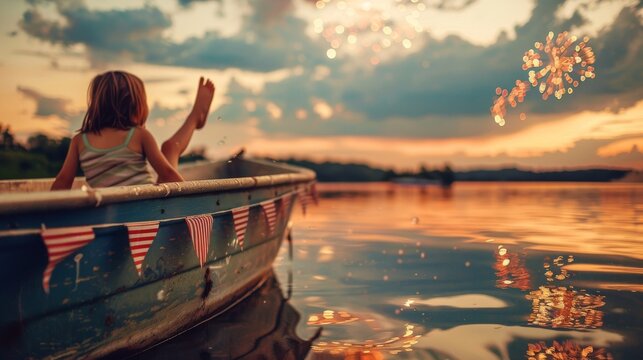 Child's legs dangle from a boat adorned with American flags on July 4th. Child's legs hanging over the edge of a decorated boat symbolize American Independence Day.
