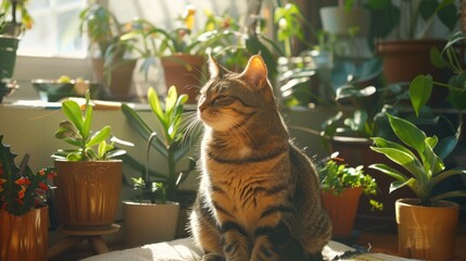 A cute cat is sitting on a white carpet in a room full of green plants. The cat is looking at the camera with a curious expression. The room is filled with sunlight. - Powered by Adobe