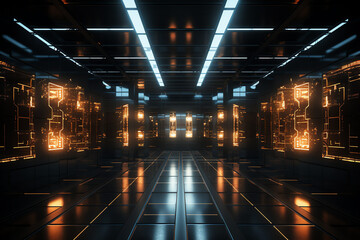 Quantum computer room, glowing nodes, dark atmosphere, high contrast futuristic design