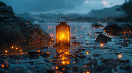 A lantern is floating in the water with a reflection of the lantern in the water