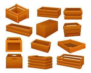 Cartoon wooden containers. Delivery containers, empty wood boxes and parcels, packed shipping crates isolated vector illustration set.
