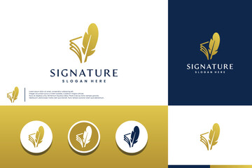 gold feather pen logo, signature with minimalist style, logo design template.