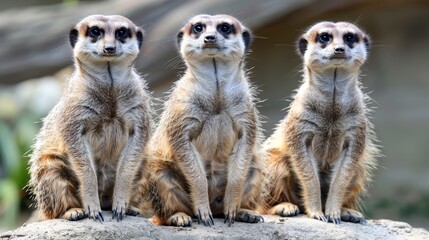 Fototapeta premium Three meerkats seated on a rock, gazing at the camera against a hazy backdrop