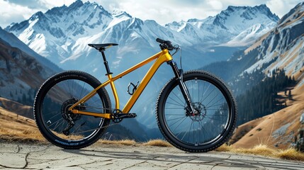 Saffron yellow trail bike on a mountain pass, challenging ride, - obrazy, fototapety, plakaty