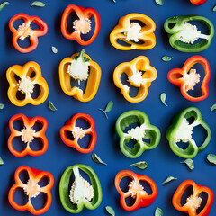 slices of red, yellow, and green bell peppers arranged on a blue background