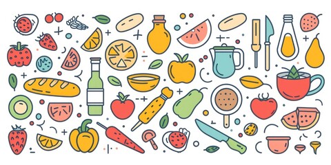 food and cooking icons in simple outline doodle design scattered on a flat full background