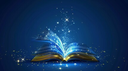 An abstract book adorned with stars on a blue backdrop, symbolizing digital books, web bookstores, and online education. Vector illustration representing a tech-centric concept.