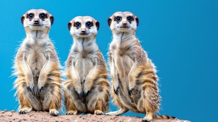 Fototapeta premium Three meerkats aligned on a dirt mound against a backdrop of azure sky