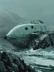futuristic sleek spaceship on a icy background landscape