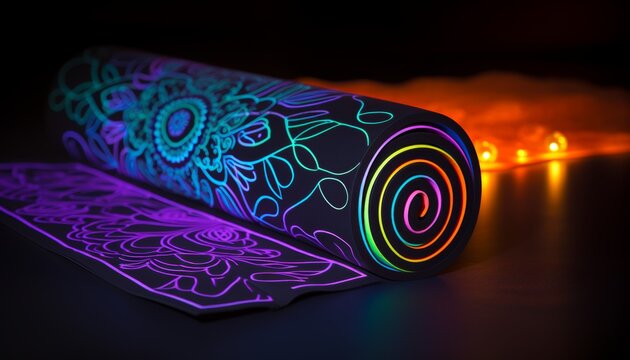A yoga mat with a colorful floral pattern that glows in the dark.