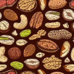 Vector mixed nuts dark seamless pattern or background. Nut kernels and nutshells illustration