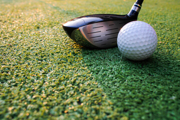 Pictures of the atmosphere of playing golf, including golf balls, golf clubs, and grass surfaces.