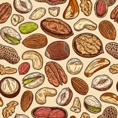 Vector mixed nuts seamless pattern or background. Nut kernels and nutshells colorful illustration