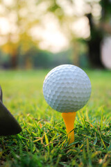 The golf ball sits on a yellow tee.