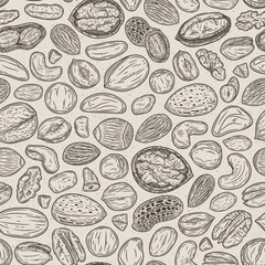 Fototapeta na wymiar Vector mixed nuts seamless pattern or background. Nut kernels and nutshells illustration