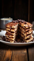 
delicious fluffy chocolate chip pancakes with the topping of butter and sugar syrup on a plate with a slice cut out table