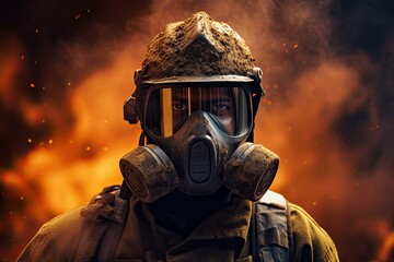 Portrait of a firefighter in safety uniform, helmet and cas mask. Professional fireman looking at camera. Firefighter after exhausting work. He is tired and his face is covered in soot.