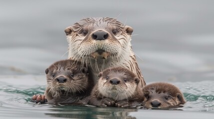   A group of otters bobbing heads above water, gazing at the camera while swimming
