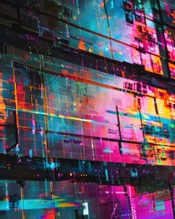 artistic abstract digital illustration with vibrant colors and fragmented distorted graphic elements