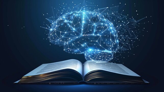 An abstract open book featuring a blue brain, designed in a low-poly style with wireframe light connections. Modern 3D graphic concept depicted in an isolated vector illustration.