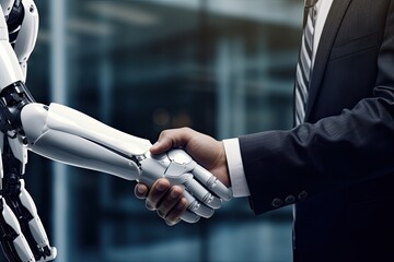 Business handshake between robot and human partners or friends. Human and robot handshake business relationship symbol.