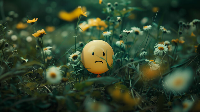 An emoji balloon with a frown expressing unhappiness stands out in a serene field of white daisies, symbolizing sadness in beauty