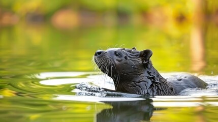   A tight shot of a body of water featuring an animal swimming centrally, framed by trees in the distance