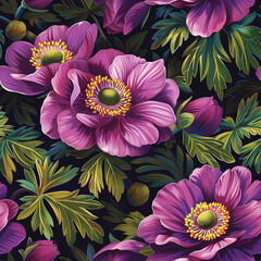 seamless pattern of anemones, vibrant magenta flowers with yellow centers and green leaves on a dark background, in the style of vintage oil painting - obrazy, fototapety, plakaty